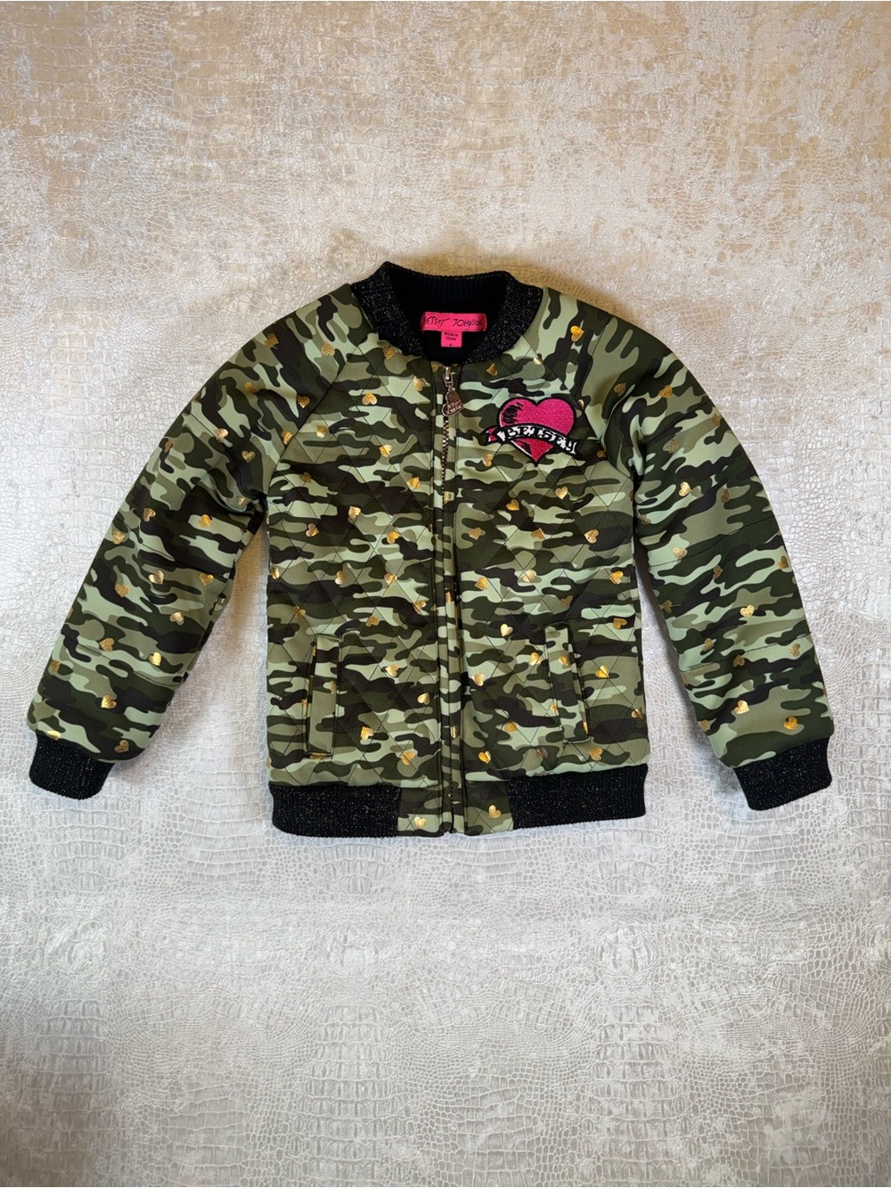 Betsey Johnson girls' green camouflage bomber jacket, Girls size 6